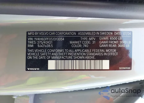 2025 Volvo Xc90 Plug-In Hybrid T8 Ultra 7-Seater из США, поврежденный, VIN YV4H60PF0S1313054